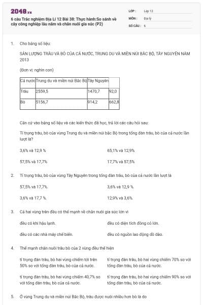 6 câu Trắc nghiệm Địa Lí 12 Bài 38: Thực hành:So sánh về cây công nghiệp lâu năm và chăn nuôi gia súc (P2)