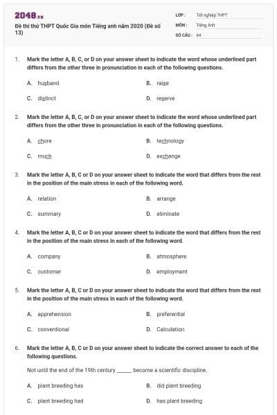 Đề thi thử THPT Quốc Gia môn Tiếng anh năm 2020 (Đề số 13)
