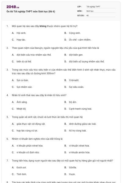Ôn thi Tốt nghiệp THPT môn Sinh học (Đề 6)