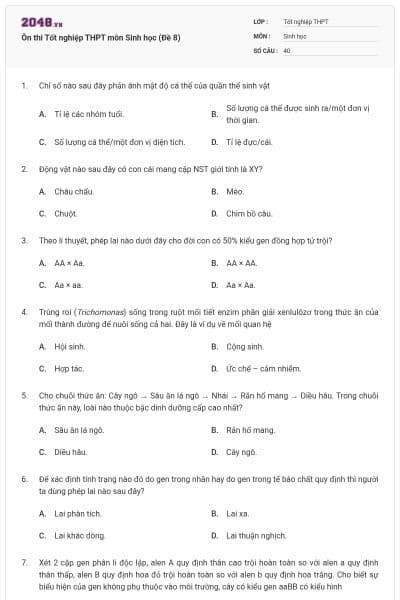 Ôn thi Tốt nghiệp THPT môn Sinh học (Đề 8)
