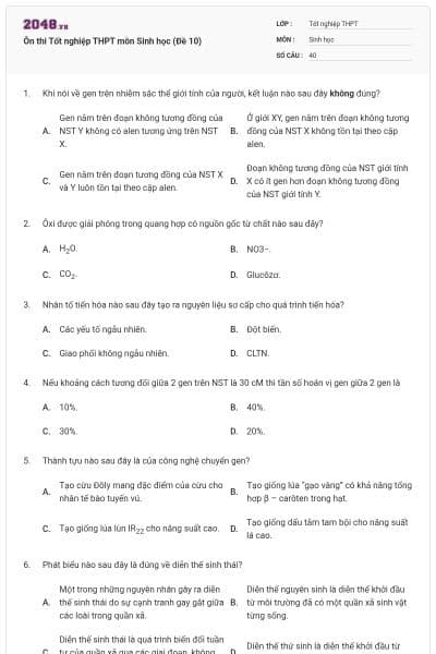 Ôn thi Tốt nghiệp THPT môn Sinh học (Đề 10)
