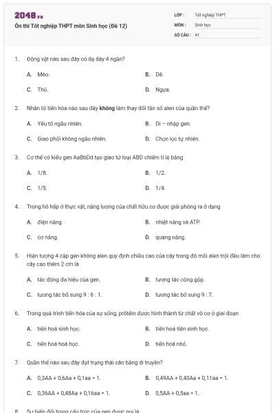 Ôn thi Tốt nghiệp THPT môn Sinh học (Đề 12)