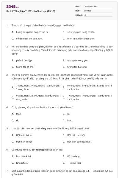 Ôn thi Tốt nghiệp THPT môn Sinh học (Đề 13)