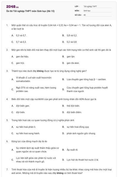 Ôn thi Tốt nghiệp THPT môn Sinh học (Đề 15)