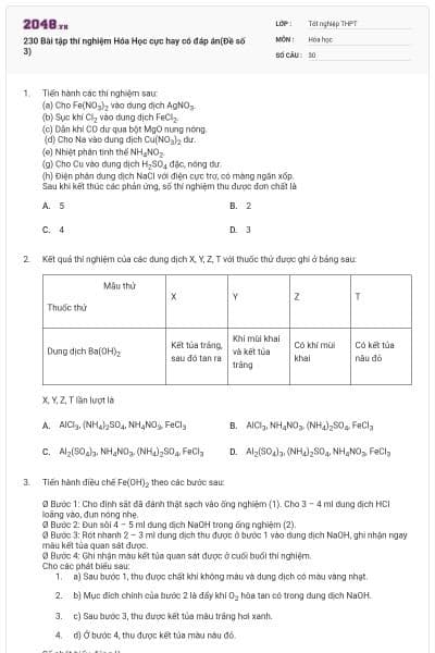 230 Bài tập thí nghiệm Hóa Học cực hay có đáp án(Đề số 3)