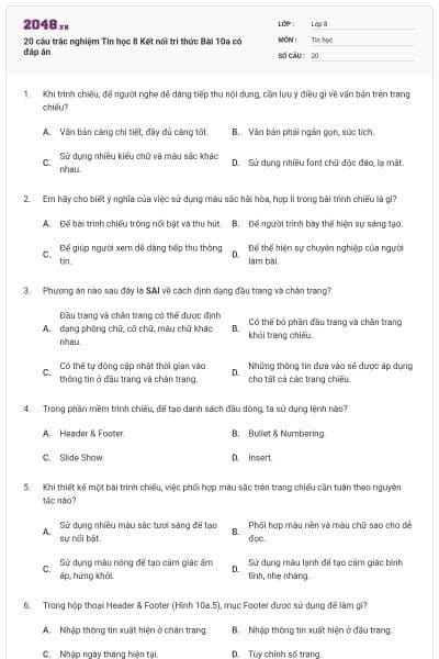 20 câu trắc nghiệm Tin học 8 Kết nối tri thức Bài 10a có đáp án