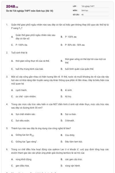 Ôn thi Tốt nghiệp THPT môn Sinh học (Đề 18)
