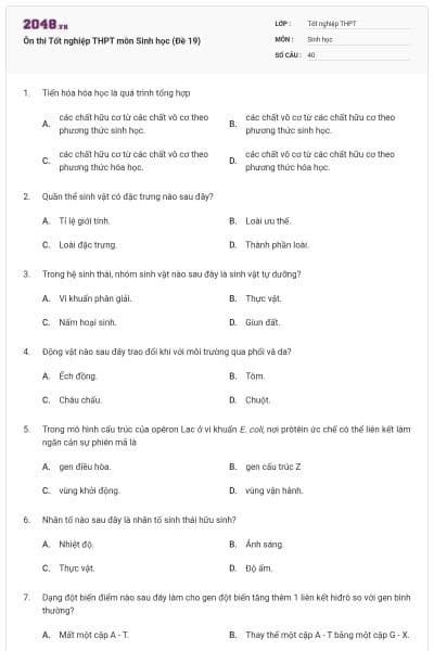 Ôn thi Tốt nghiệp THPT môn Sinh học (Đề 19)