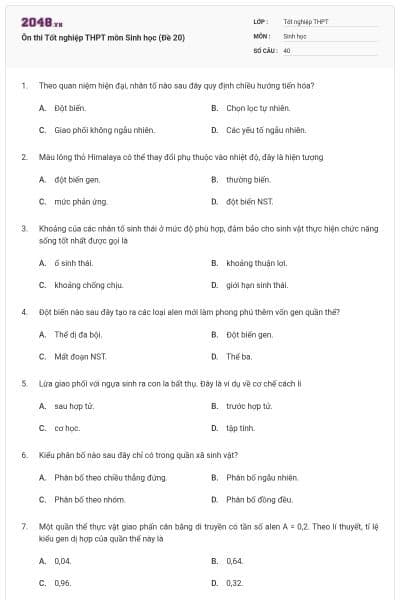Ôn thi Tốt nghiệp THPT môn Sinh học (Đề 20)