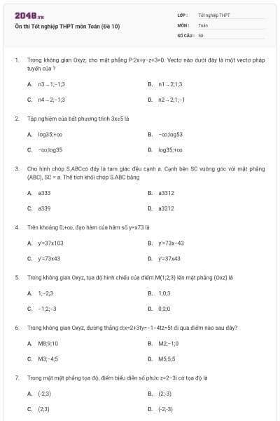 Ôn thi Tốt nghiệp THPT môn Toán (Đề 10)