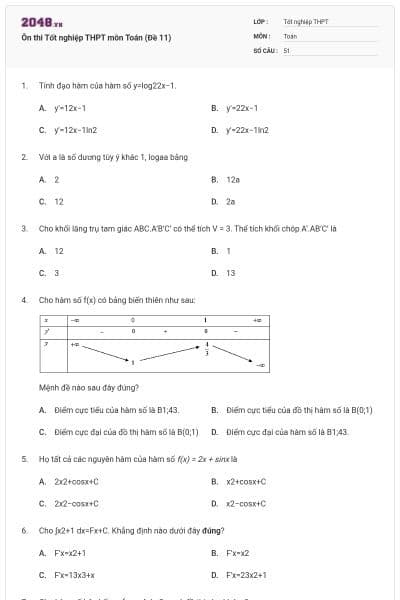 Ôn thi Tốt nghiệp THPT môn Toán (Đề 11)