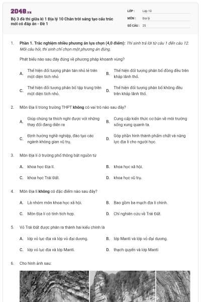 Bộ 3 đề thi giữa kì 1 Địa lý 10 Chân trời sáng tạo cấu trúc mới có đáp án - Đề 1
