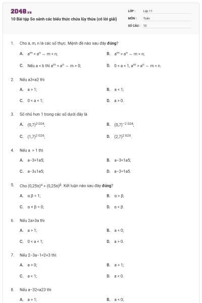10 Bài tập So sánh các biểu thức chứa lũy thừa (có lời giải)
