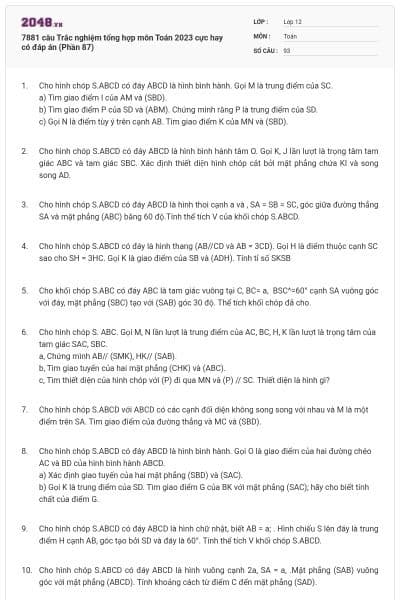 7881 câu Trắc nghiệm tổng hợp môn Toán 2023 cực hay có đáp án (Phần 87)