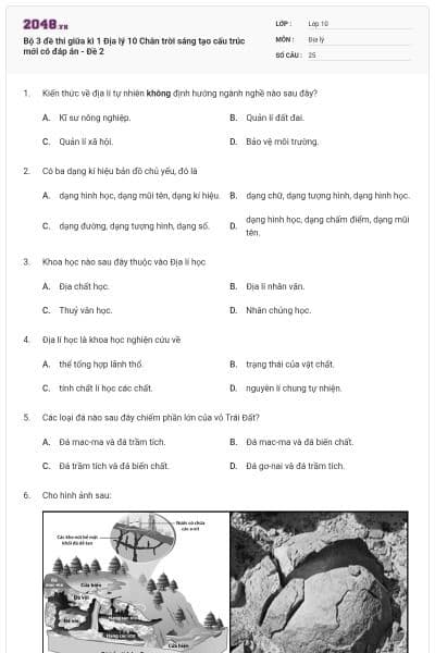 Bộ 3 đề thi giữa kì 1 Địa lý 10 Chân trời sáng tạo cấu trúc mới có đáp án - Đề 2