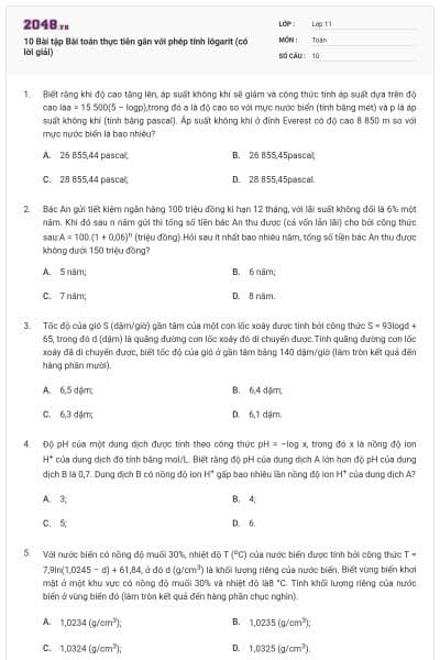 10 Bài tập Bài toán thực tiễn gắn với phép tính lôgarit (có lời giải)