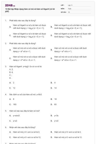 10 Bài tập Nhận dạng hàm số mũ và hàm số lôgarit (có lời giải)