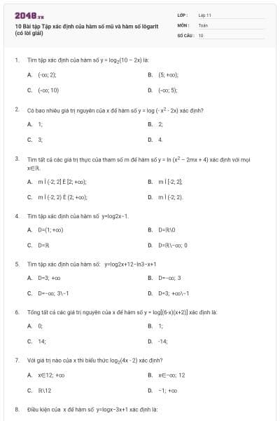 10 Bài tập Tập xác định của hàm số mũ và hàm số lôgarit (có lời giải)