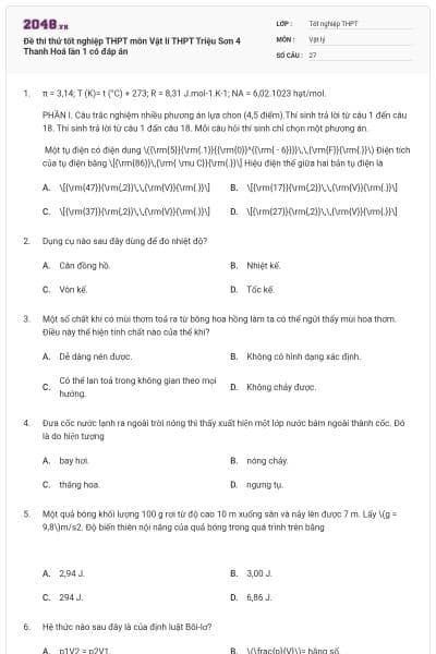 Đề thi thử tốt nghiệp THPT môn Vật lí THPT Triệu Sơn 4 Thanh Hoá lần 1 có đáp án