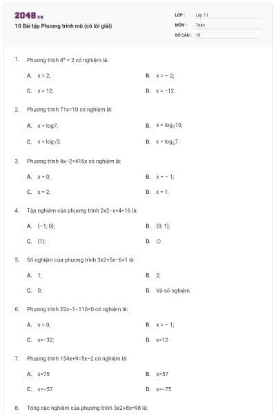 10 Bài tập Phương trình mũ (có lời giải)