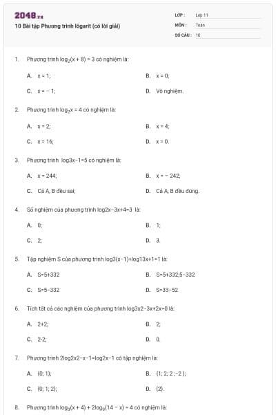10 Bài tập Phương trình lôgarit (có lời giải)