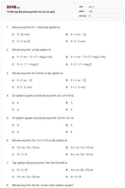 10 Bài tập Bất phương trình mũ (có lời giải)
