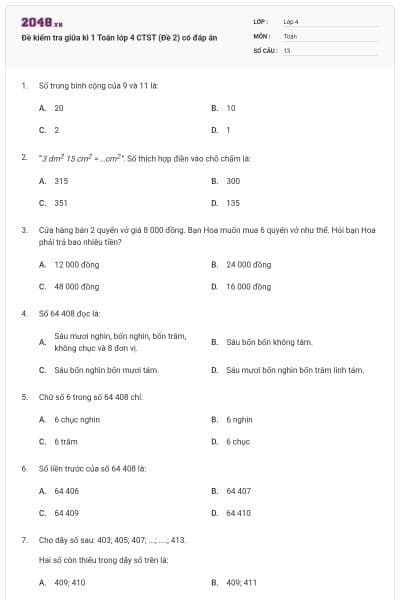 Đề kiểm tra giữa kì 1 Toán lớp 4 CTST (Đề 2) có đáp án