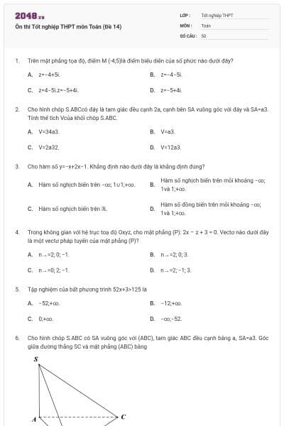 Ôn thi Tốt nghiệp THPT môn Toán (Đề 14)