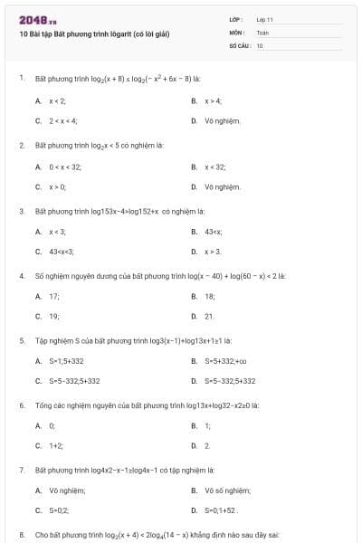 10 Bài tập Bất phương trình lôgarit (có lời giải)
