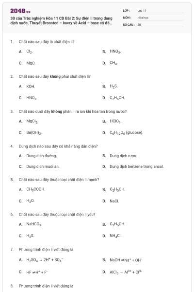 30 câu Trắc nghiệm Hóa 11 CD Bài 2: Sự điện li trong dung dịch nước. Thuyết Bronsted – lowry về Acid – base có đáp án