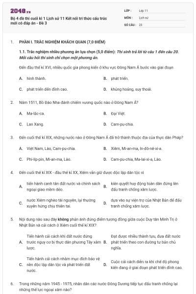 Bộ 4 đề thi cuối kì 1 Lịch sử 11 Kết nối tri thức cấu trúc mới có đáp án - Đề 3