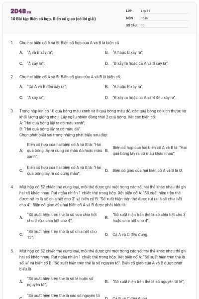 10 Bài tập Biến cố hợp. Biến cố giao (có lời giải)