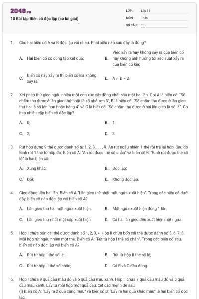 10 Bài tập Biến cố độc lập (có lời giải)