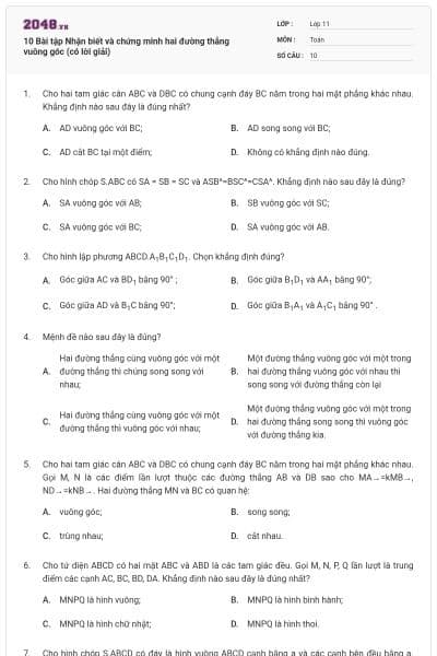 10 Bài tập Nhận biết và chứng minh hai đường thẳng vuông góc (có lời giải)