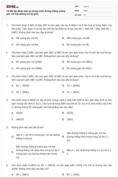10 Bài tập Nhận biết và chứng minh đường thẳng vuông góc với mặt phẳng (có lời giải)