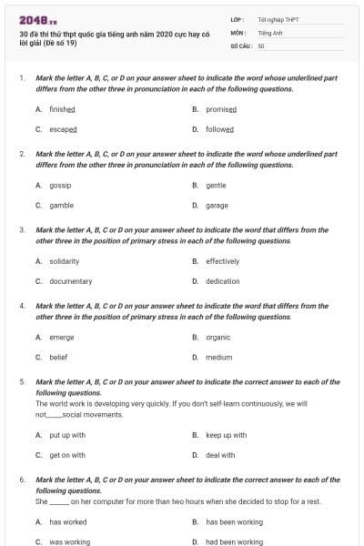 30 đề thi thử thpt quốc gia tiếng anh năm 2020 cực hay có lời giải (Đề số 19)