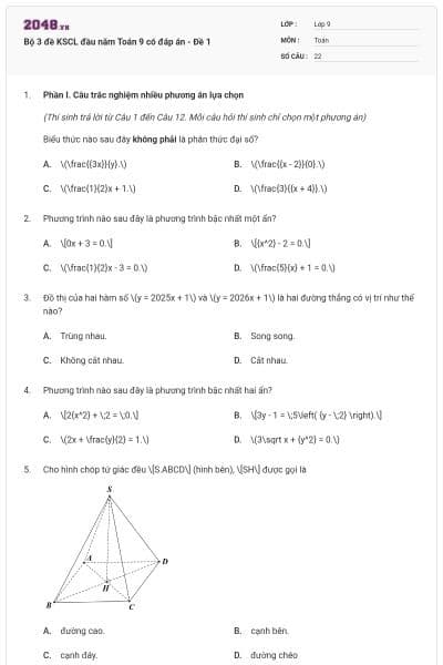 Bộ 3 đề KSCL đầu năm Toán 9 có đáp án - Đề 1