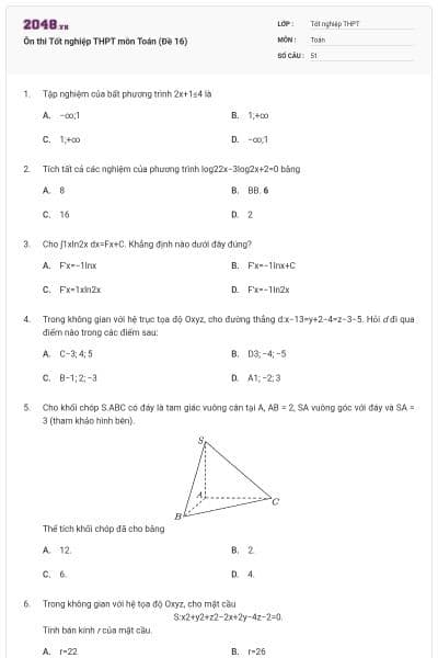 Ôn thi Tốt nghiệp THPT môn Toán (Đề 16)