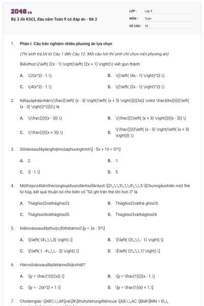 Bộ 3 đề KSCL đầu năm Toán 9 có đáp án - Đề 2
