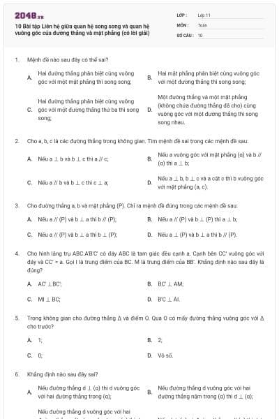 10 Bài tập Liên hệ giữa quan hệ song song và quan hệ vuông góc của đường thẳng và mặt phẳng (có lời giải)