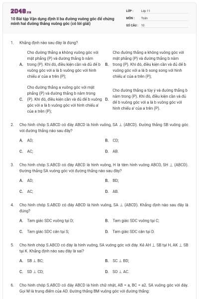10 Bài tập Vận dụng định lí ba đường vuông góc để chứng minh hai đường thẳng vuông góc (có lời giải)