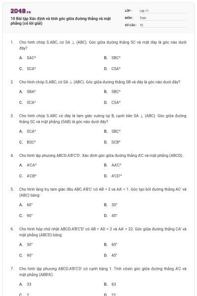 10 Bài tập Xác định và tính góc giữa đường thẳng và mặt phẳng (có lời giải)