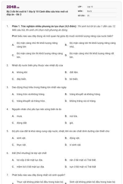 Bộ 3 đề thi cuối kì 1 Địa lý 10 Cánh diều cấu trúc mới có đáp án - Đề 3
