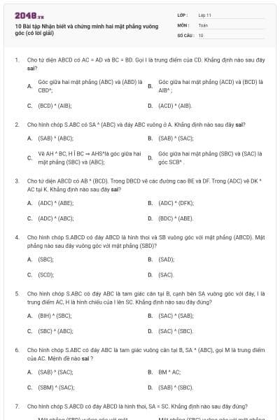 10 Bài tập Nhận biết và chứng minh hai mặt phẳng vuông góc (có lời giải)