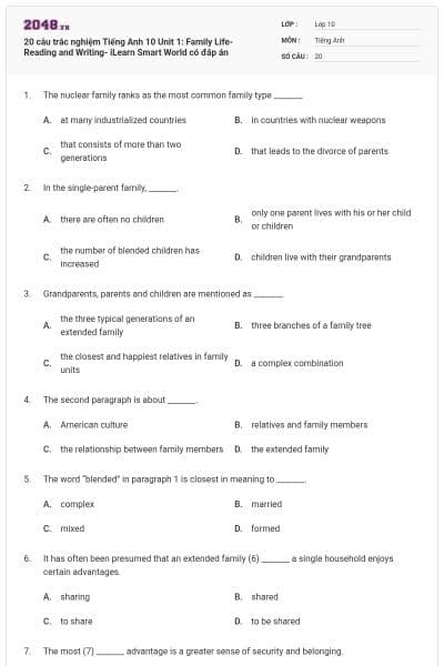 20 câu trắc nghiệm Tiếng Anh 10 Unit 1: Family Life-Reading and Writing- iLearn Smart World có đáp án