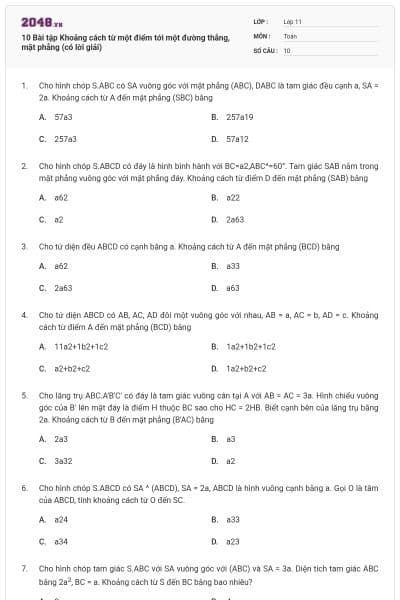 10 Bài tập Khoảng cách từ một điểm tới một đường thẳng, mặt phẳng (có lời giải)