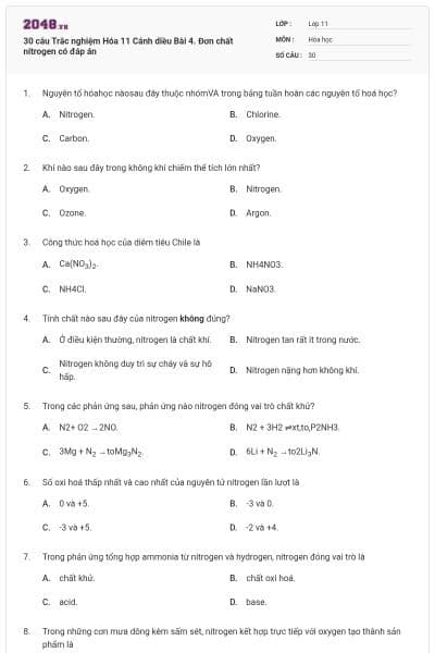 30 câu Trắc nghiệm Hóa 11 Cánh diều Bài 4. Đơn chất nitrogen có đáp án
