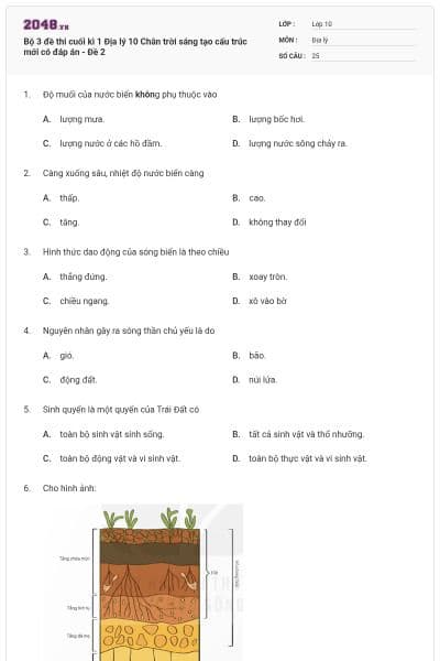 Bộ 3 đề thi cuối kì 1 Địa lý 10 Chân trời sáng tạo cấu trúc mới có đáp án - Đề 2