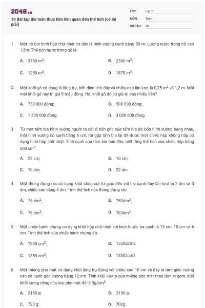 10 Bài tập Bài toán thực tiễn liên quan đến thể tích (có lời giải)