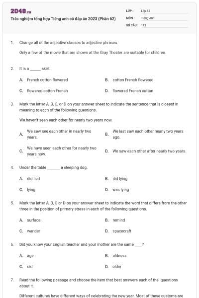 Trắc nghiệm tổng hợp Tiếng anh có đáp án 2023 (Phần 62)